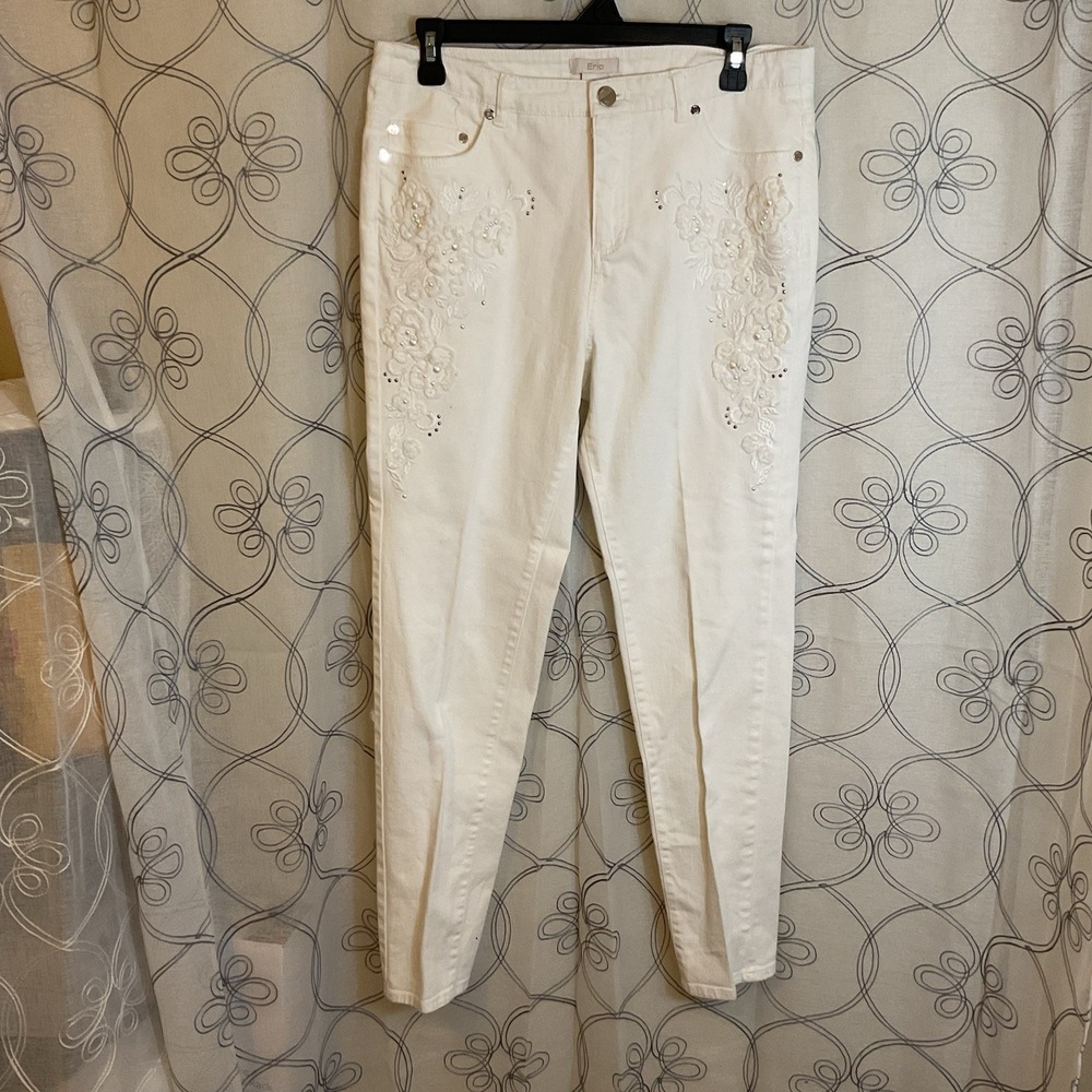 Women's Eric White Denim Jeans Embroidered Rhinestones Size 10